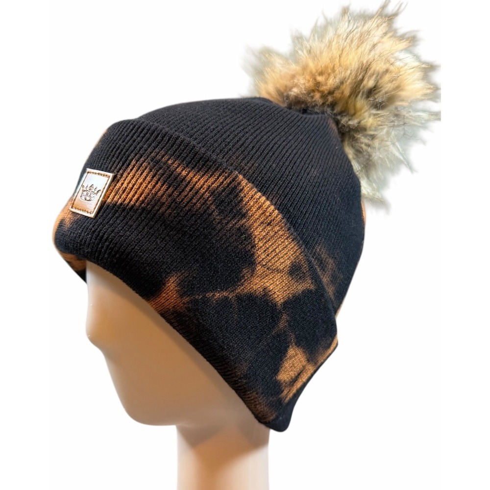 Panache Beanie Winter Hat Black Tie Dye Faux Fur Pom Pom Skiing Snow Cotton